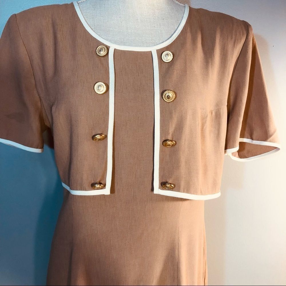 Nina Piccalino 11 Vintage Tan Sheath Dress Faux Jacket W/Buttons Dress 10 - Picture 2 of 7